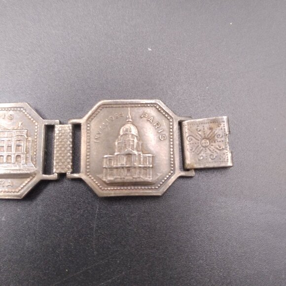 Vintage Silver Tone Paris Metal Enamel Link Panel Bracelet Souvenir  8” - Picture 5 of 8